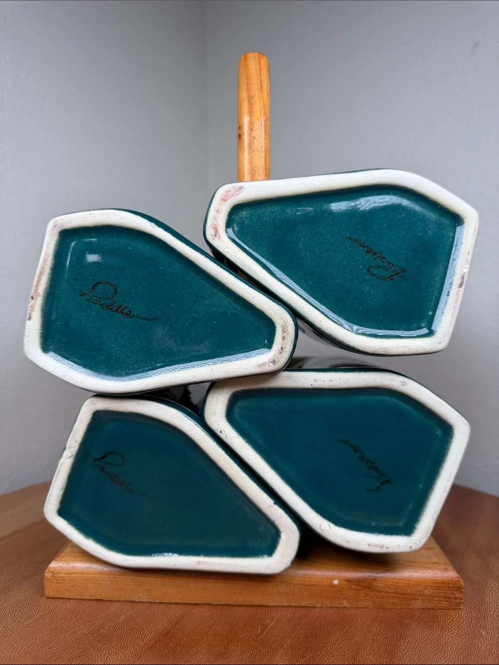 Vtg Padilla Blue Drip Glaze Stacking Signed 4 Coffee Mugs & Wood Stand Mexican
